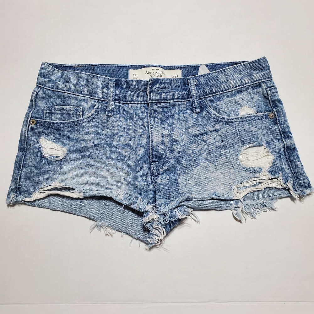 Abercrombie & Fitch Floral Print Blue Demin Destressed Frayed Hem Jean Shorts